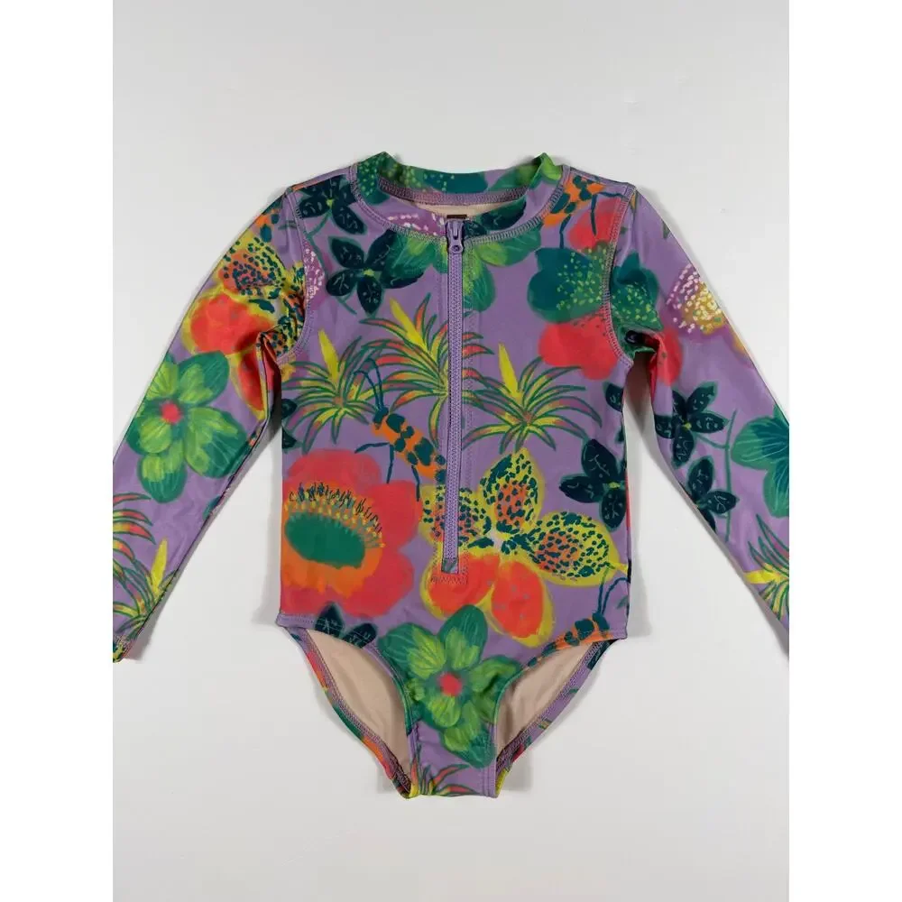 Tea Collection Tropical Floral Long Sleeve One-Piece Rash Guard Swimsuit Size 3